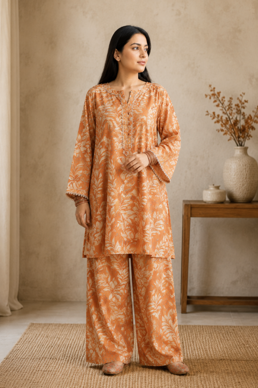 Printed & Mukesh Kari Work orange 2 Pec Suit