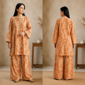 Printed & Mukesh Kari Work orange 2 Pec Suit
