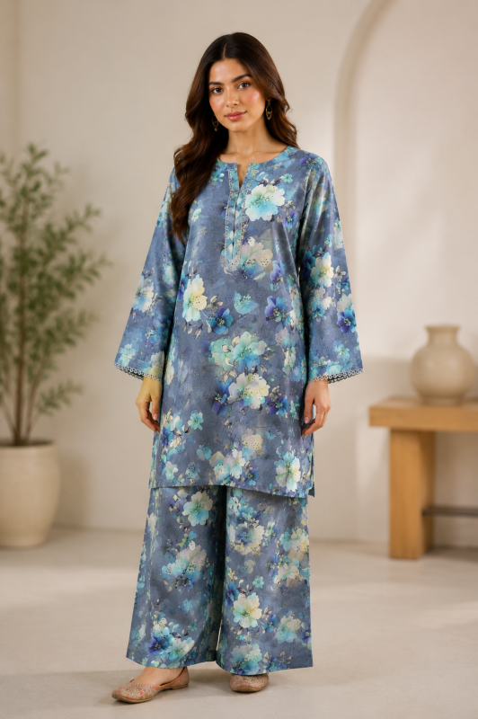 Printed & Mukesh Kari Work Lemon Yellow 2 Pec Suit