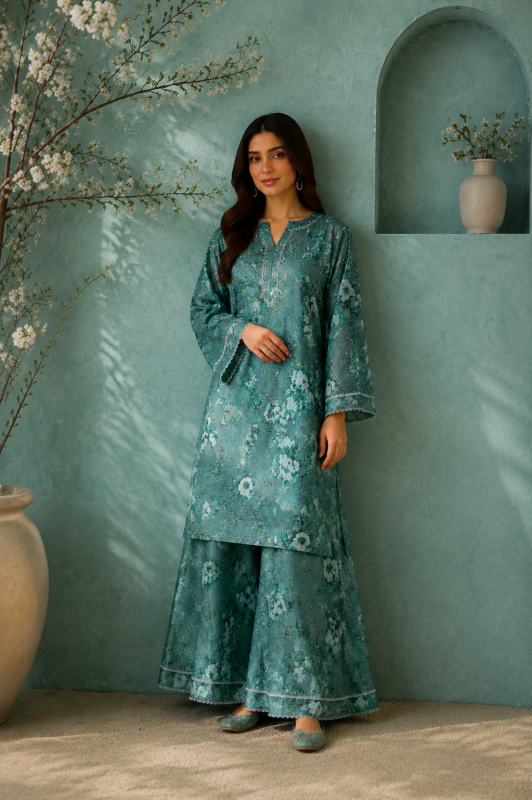 Printed & Mukesh Kari Work mint green 2 Pec Suit