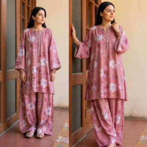Printed & Mukesh Kari Work Dusty Pink Floral Suit