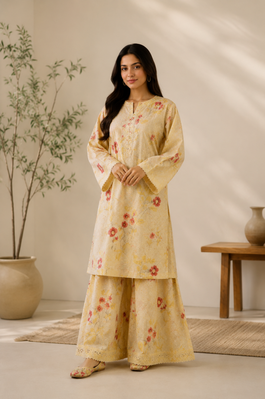 Printed & Mukesh Kari Work Lemon Yellow 2 Pec Suit