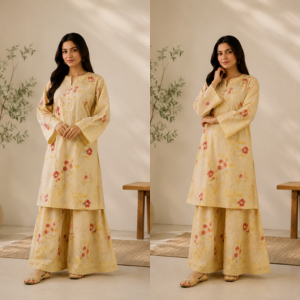 Printed & Mukesh Kari Work Lemon Yellow 2 Pec Suit